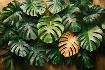 Obraz premium Lush green Monstera deliciosa leaves form a vibrant, organic pattern. Perfect for backgrounds, print, or designs requiring a tropical aesthetic.