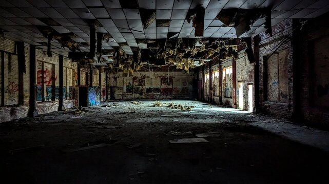 Dark abandoned industrial factory building interior. Warehouse darkness, daylight through doorway. Falling down collapsed ceiling tiles, vandalism stained walls, collapsing room. Eerie hall atmosphere