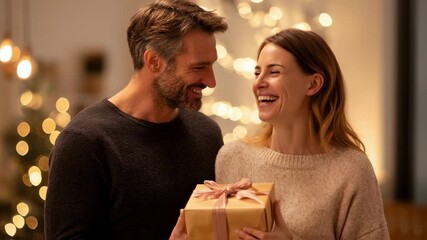 Romantic mature couple exchanging christmas gifts at home, enjoying christmas eve together in a cozy atmosphere with warm lights and christmas tree in the background - Powered by Adobe