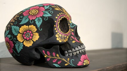 Skull with floral decoration: A striking depiction of a skull adorned with intricate floral patterns, rendered in a vibrant and colorful style, stands as a testament to art, culture.