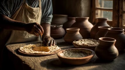 Indian baker spreading ghee on freshly made roti or chapati bread using fingers in a rustic kitchen adorned with terracotta pots, illuminated by warm sunlight filtering through the window - Powered by Adobe