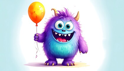 Joyful monster holding a bright balloon.