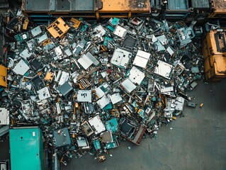 Aerial view of electronic waste in junkyard. E-waste recycling and environmental impact.