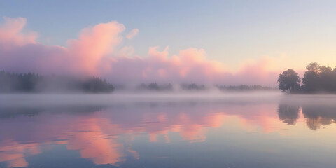 Fototapeta premium Misty Lake at Dawn with Pink Reflections