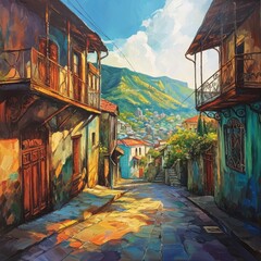 Naklejka premium A vibrant and picturesque street scene showcasing colorful buildings and lush greenery under a bright blue sky.