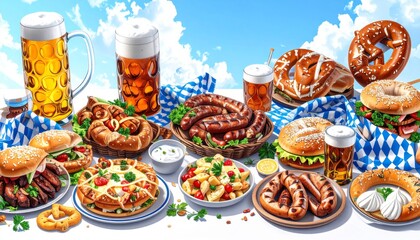 German Oktoberfest Feast with Beer Pretzels and Sausages Against Blue Sky Backdrop