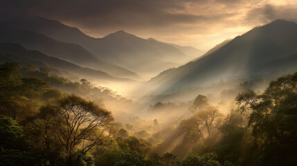 Obraz premium Breathtaking landscape showcasing serene mountain range enveloped in mist, with soft sunlight filtering through lush trees, creating tranquil and ethereal atmosphere