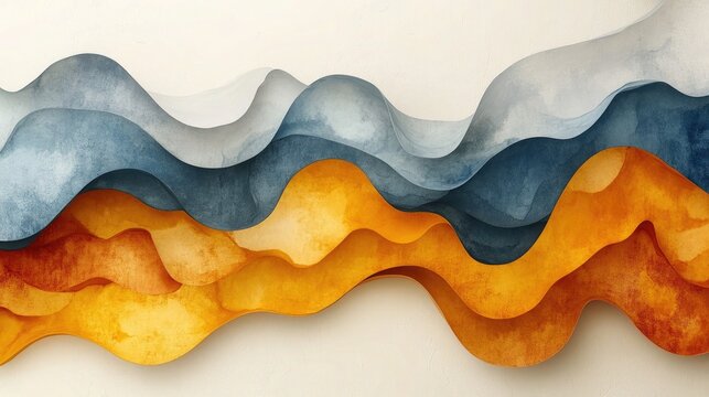 Abstract watercolor waves in blue and golden hues on a white background. Ideal for backgrounds, banners, and website headers with modern appeal.