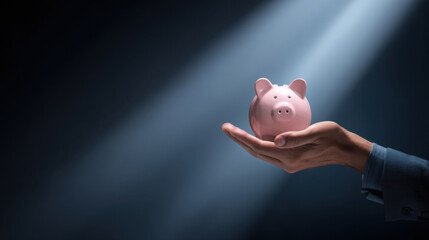 Hand holds pink piggy bank under beam of light, symbolizing savings and financial security. soft lighting creates dramatic effect, emphasizing importance of saving money