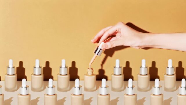 foundation flows from the pipette, woman hand on beige background. BB cream for professional make-up, eyedropper for applying to the face. Cosmetic female accessory, liquid fluid	