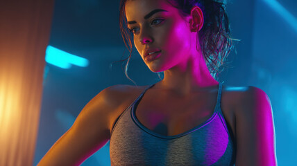 Athletic woman checking smartwatch fitness tracker data after workout session with colorful neon gym lighting