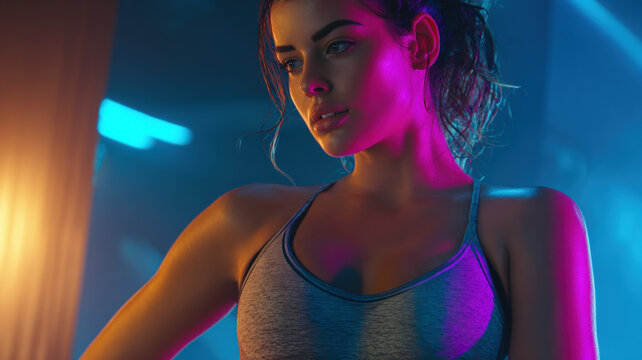Athletic woman checking smartwatch fitness tracker data after workout session with colorful neon gym lighting