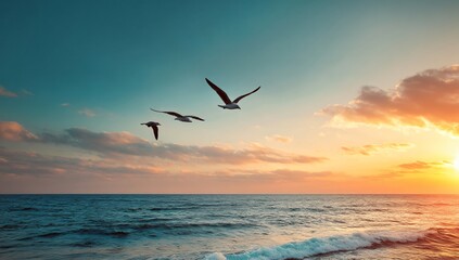 Seagulls soaring at sunset over ocean waves with warm golden light