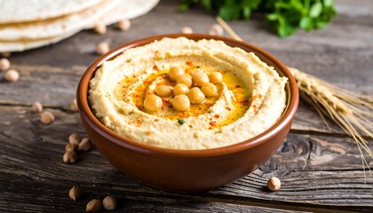 Creamy hummus in a bowl on a rustic table