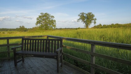 Obraz premium A wooden bench sits on a deck overlooking a field of tall grass with trees in the distance under a blue sky