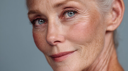 Obraz premium Close up portrait of older woman with striking blue eyes and gentle smile, showcasing her natural beauty and character. soft lighting highlights her skin texture and features, creating intimate