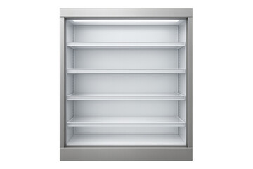 Empty refrigerated display case with transparent background illuminating glass shelves