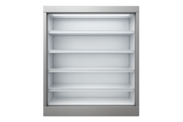 Empty refrigerated display case with transparent background illuminating glass shelves