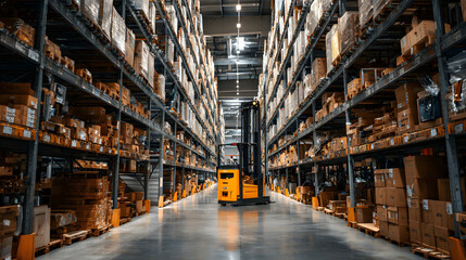 A cluttered warehouse with shelves stacked with boxes and electronics, and a forklift in the middle of the floor.