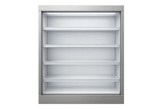 Empty refrigerated display case with transparent background illuminating glass shelves