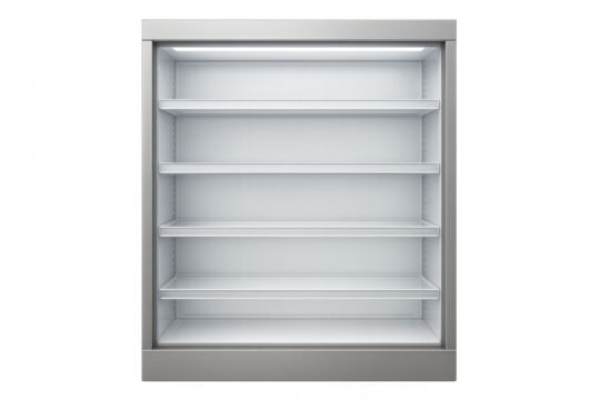 Empty refrigerated display case with transparent background illuminating glass shelves