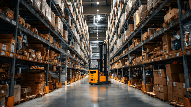 A cluttered warehouse with shelves stacked with boxes and electronics, and a forklift in the middle of the floor.