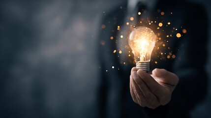 Glowing light bulb held in hand with sparkling particles idea inspiration