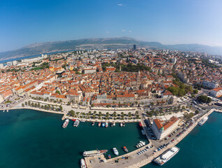 Aerial panorama of the magnificent city of Split in Croatia. View from above of the historic city with Diocletian's Palace, its walls and the harbor