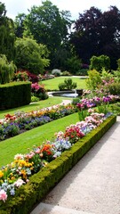 Fototapeta premium Colorful flower garden with manicured lawns