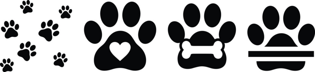 Black paw print icons set, heart, bone, line variations, animal footprint symbols, pet care, dog, cat, vector, graphic illustration design © Ideasy Mind