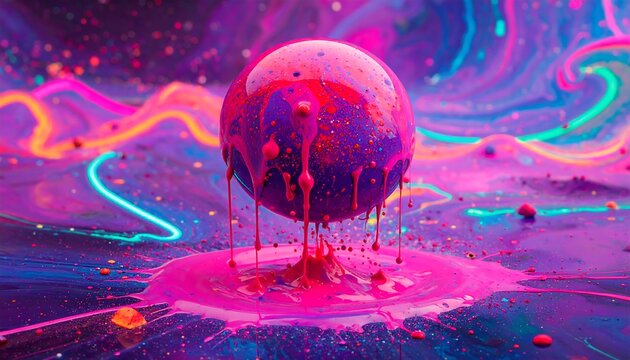 Vibrant sphere, dripping with paint, rests amidst a dynamic explosion of colors, creating a captivating and colorful abstract scene.