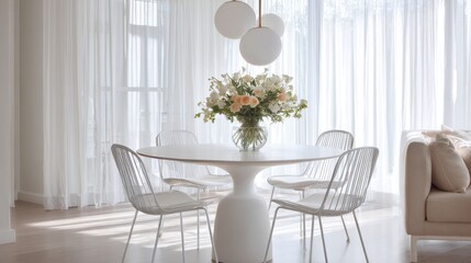 cotton cloud minimal dining room, round white micro concrete pedestal table, full set slim white metal chairs, frosted glass globe pendant, airy daylight