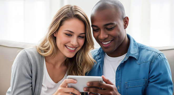 Happy diverse couple looking at smartphone together