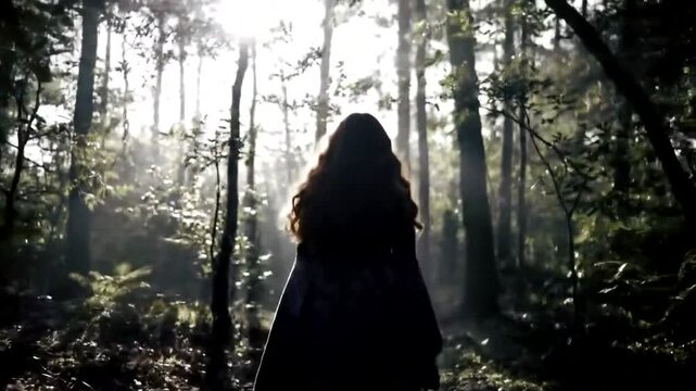 Ethereal silhouette of a woman in a sunlit forest, evoking mystery and tranquility in nature.