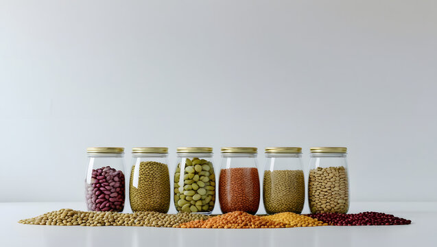 Mixed Dry Beans and Lentils in Transparent Jars, Minimal Flat Vector Pantry Illustration, Clean Healthy Food Storage, Isolated