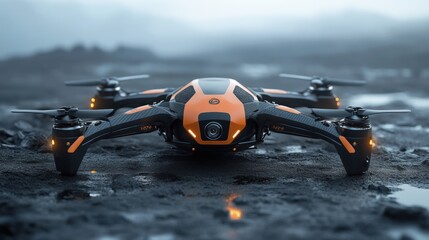 Aerial drone flight demonstration rocky terrain technology showcase foggy environment view innovation in action