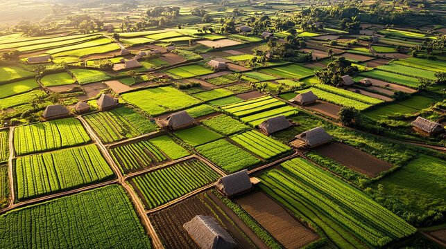 Aerial view of lush green fields and farmhouses at sunrise, showcasing rural beauty and agricultural patterns.