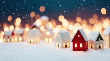 Festive miniature houses covered in snow lit up during winter evening