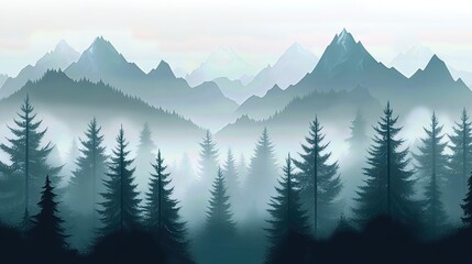 Fototapeta premium misty morning scene in a coniferous forest, showcasing majestic mountains in the background. Peaceful and serene atmosphere.