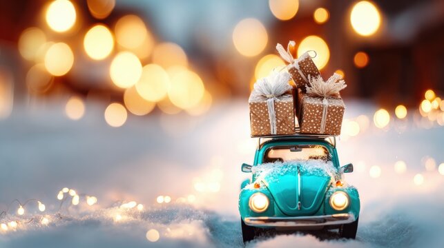 Small blue car carries holiday gifts through a snowy street at night - Powered by Adobe