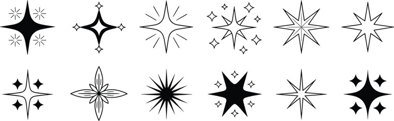 Star icons set, decorative, sparkle, shining, celestial, bright, shape, pattern, twinkle, illustration, graphic, design, vector, symbol, ornament, fantasy, night, sky, artistic, decoration