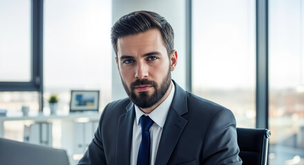 Fototapeta premium Confident Businessman Sitting at Desk in Modern Office Looking Directly at Camera