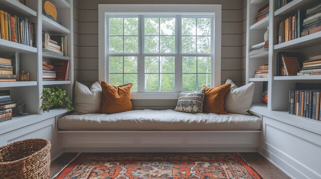 Cozy reading nook with bookshelves bright home interior calm environment view comfort and relaxation