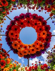 Colorful flower wreath against a clear blue sky