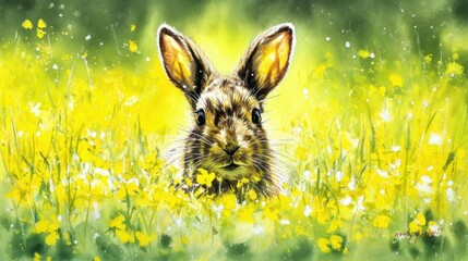 A charming hare peeking from a field of wildflowers.