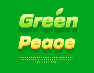 Vector Creative template Green Peace. Modern Green  3D Font. Dynamic Artistic Alphabet Letters and Numbers set.