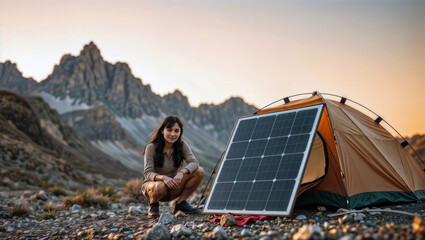 A woman with a portable solar panel camping in a mountain landscape.