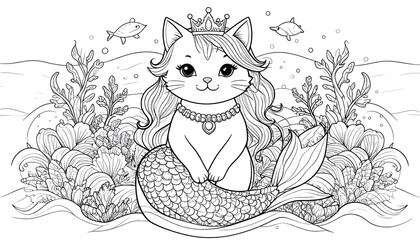 Charming cat mermaid coloring page design.