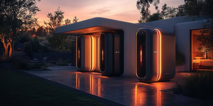 Innovative energy storage solutions at sunset modern home technology showcase tranquil environment contemporary viewpoint