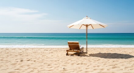 Empty beach chair and umbrella on a sunny beach